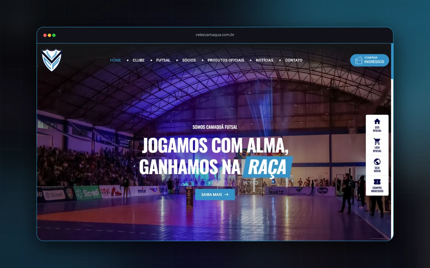 Página inicial do Camaquã Futsal com ginásio e chamada institucional do clube