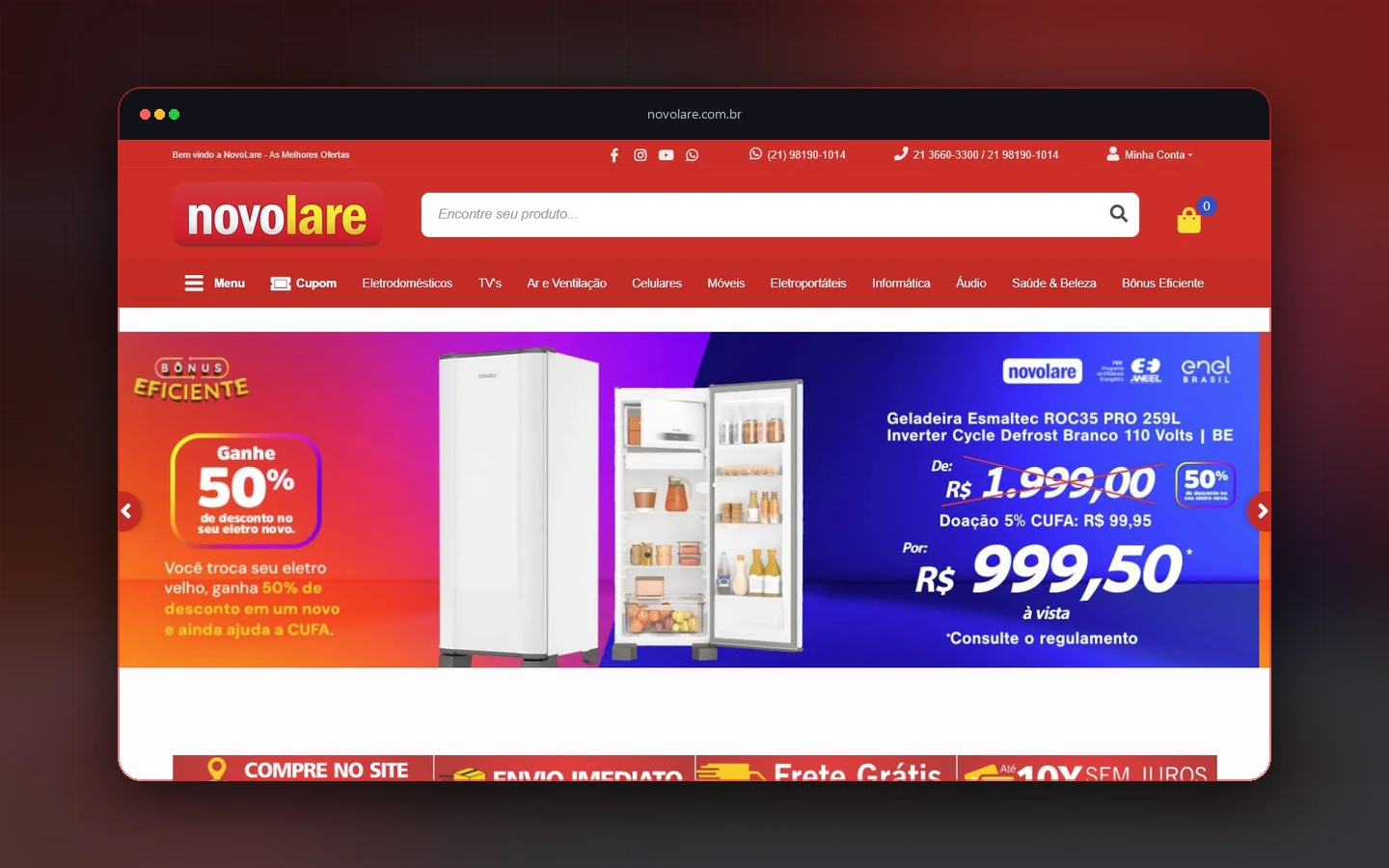 Página inicial da NovoLare com navegação por categorias e oferta de eletrodomésticos em destaque