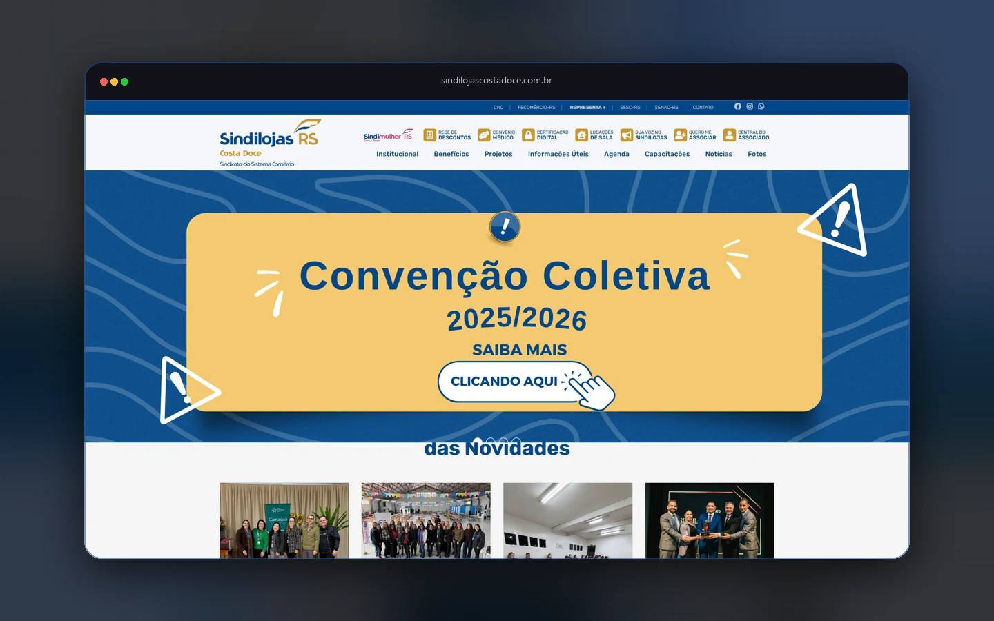 Página inicial do Sindilojas Costa Doce com navegação de serviços e parceiros da entidade