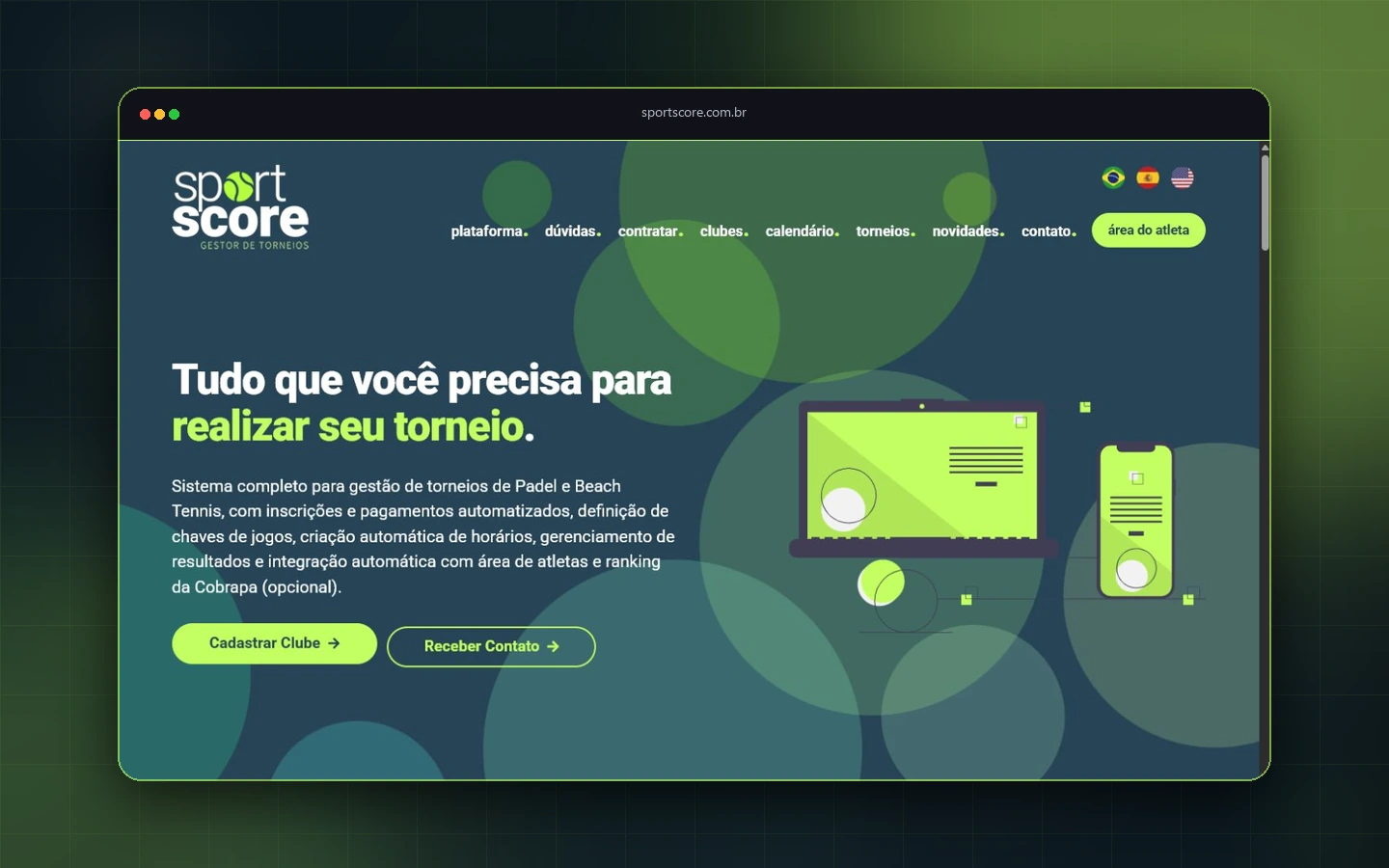 Página inicial do SportScore apresentando a plataforma de gestão de torneios de Padel